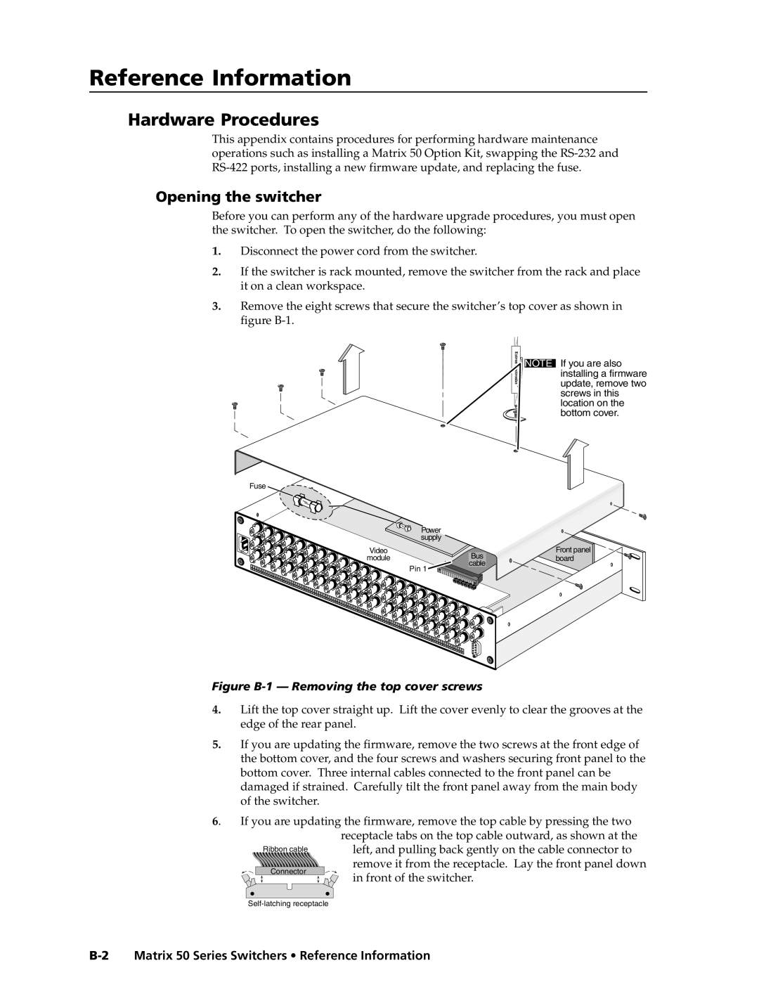 Extron electronic 50 manual ReferenceInformation,co t’d, Hardware Procedures, Opening the switcher 