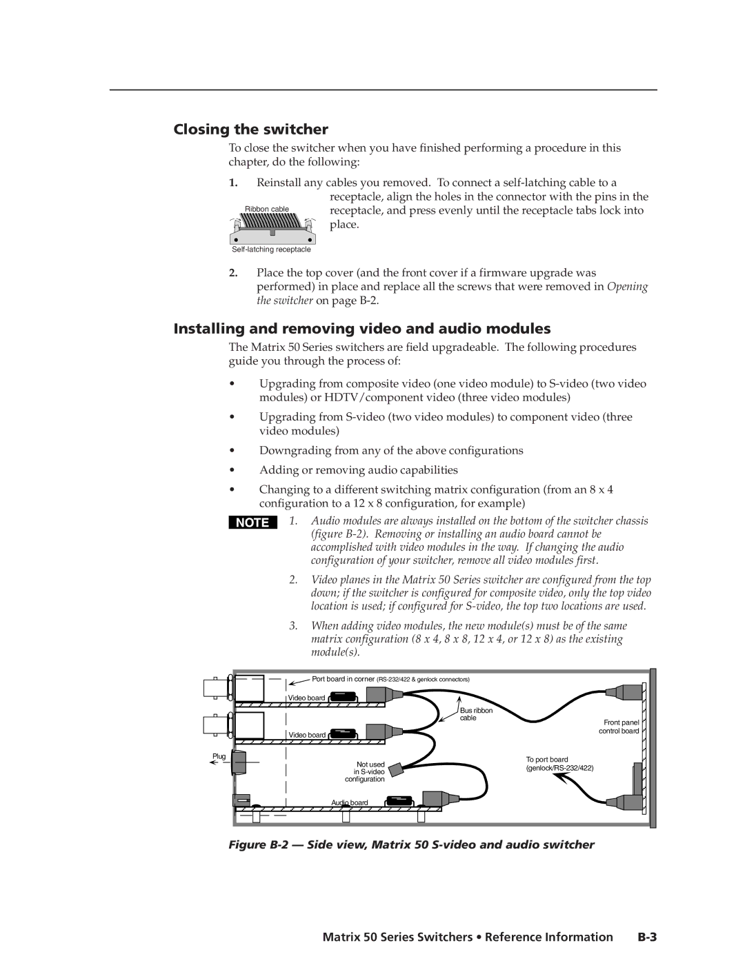 Extron electronic manual Closing the switcher, Figure B-2 Side view, Matrix 50 S-video and audio switcher 