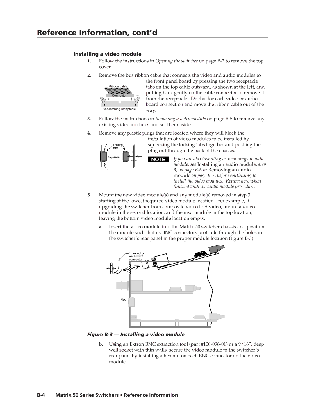 Extron electronic 50 manual Reference Information, cont’d, Installing a video module 