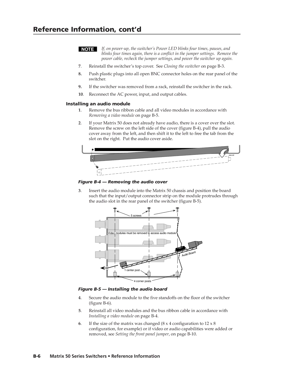 Extron electronic 50 manual Installing an audio module, Removing a video module on page B-5 