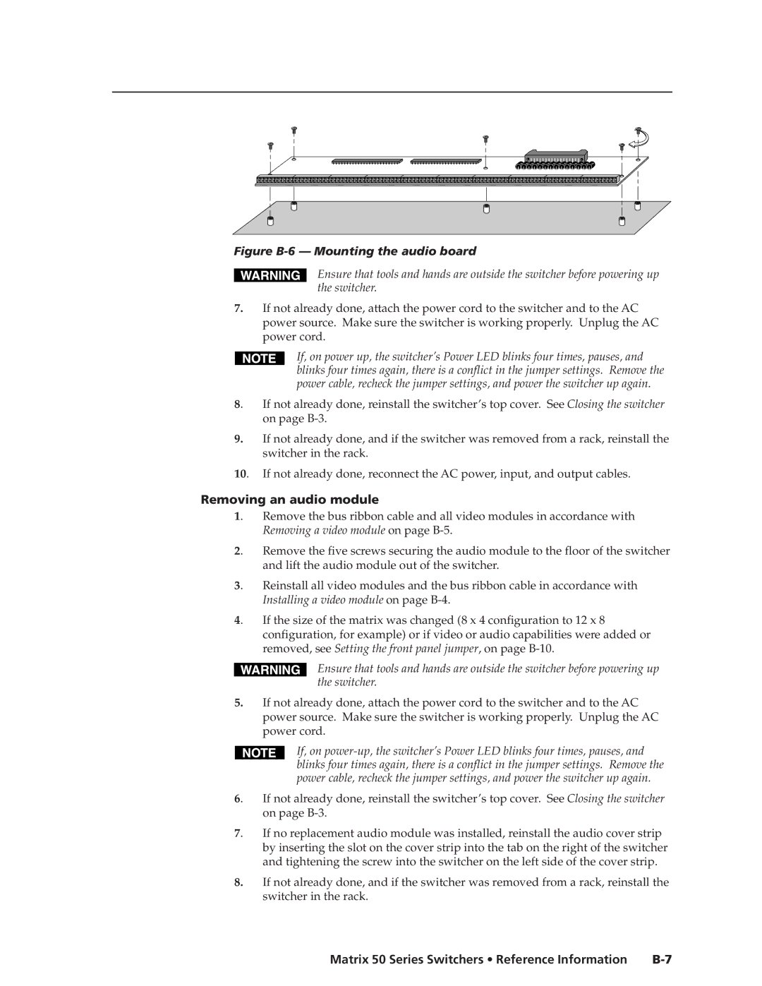 Extron electronic 50 manual On page B-3, Removing an audio module 