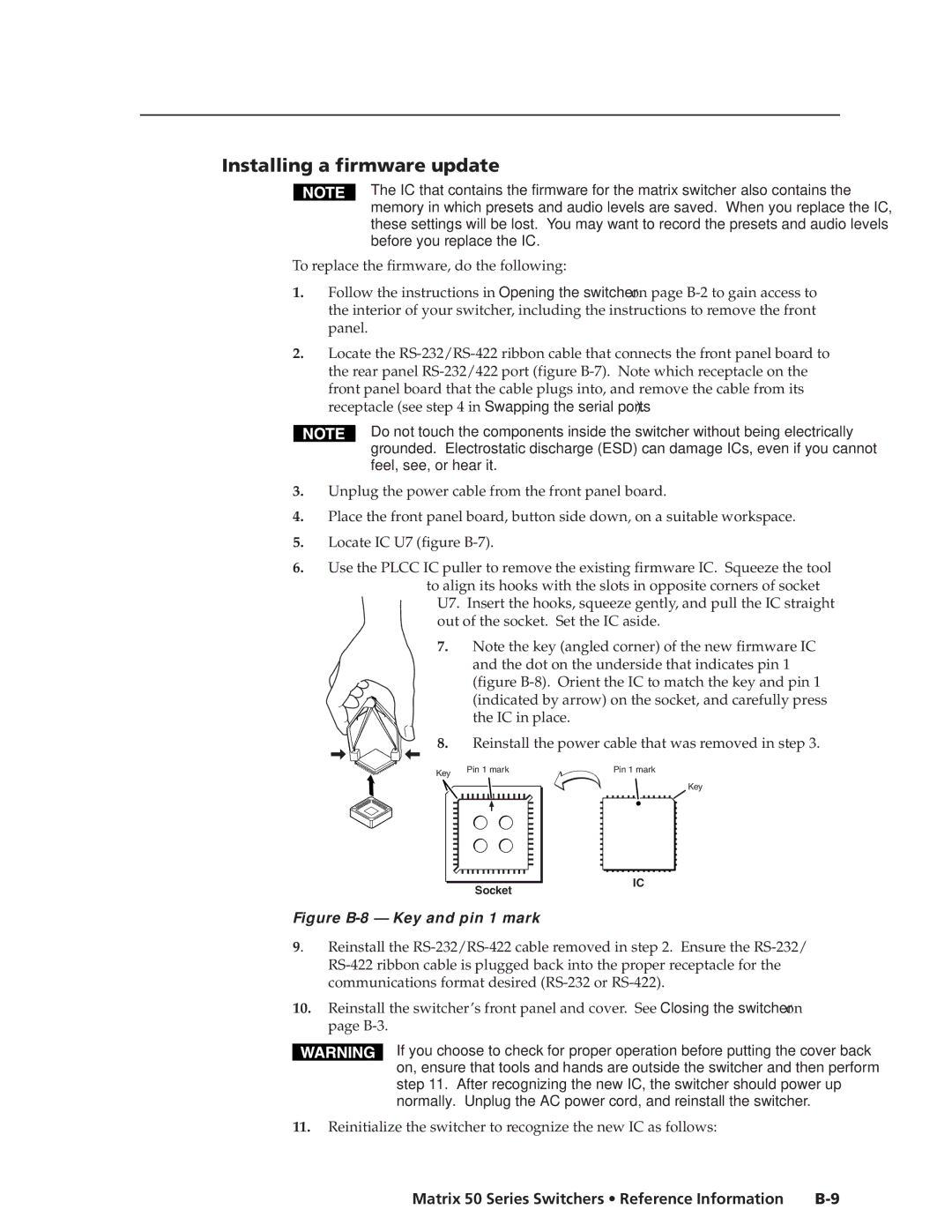 Extron electronic 50 manual Installing a firmware update, Figure B-8 Key and pin 1 mark 