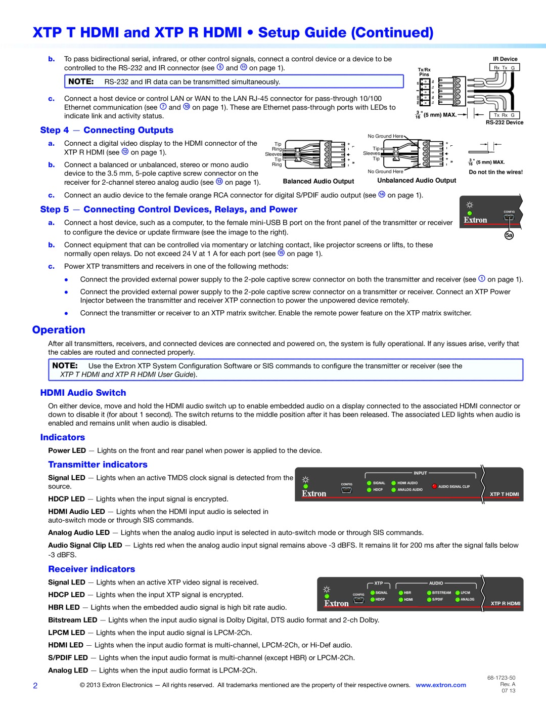 Extron electronic 60-1043-12 XTP T HDMI and XTP R HDMI Setup Guide Continued, Operation, Connecting Outputs, Indicators 