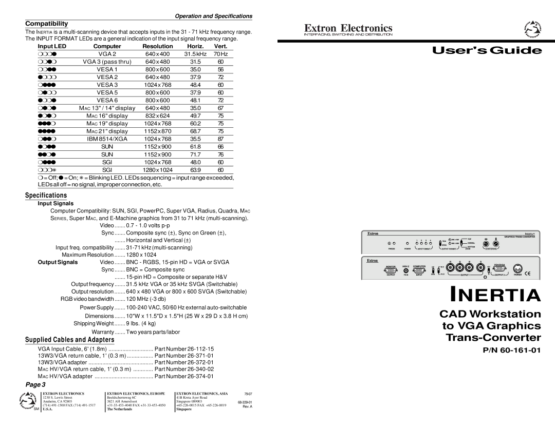 Extron electronic 60-161-01 specifications Specifications, Supplied Cables and Adapters, Compatibility 