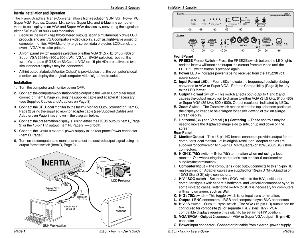 Extron electronic 60-161-01 specifications Inertia installation and Operation, Installation, Front Panel, Rear Panel 