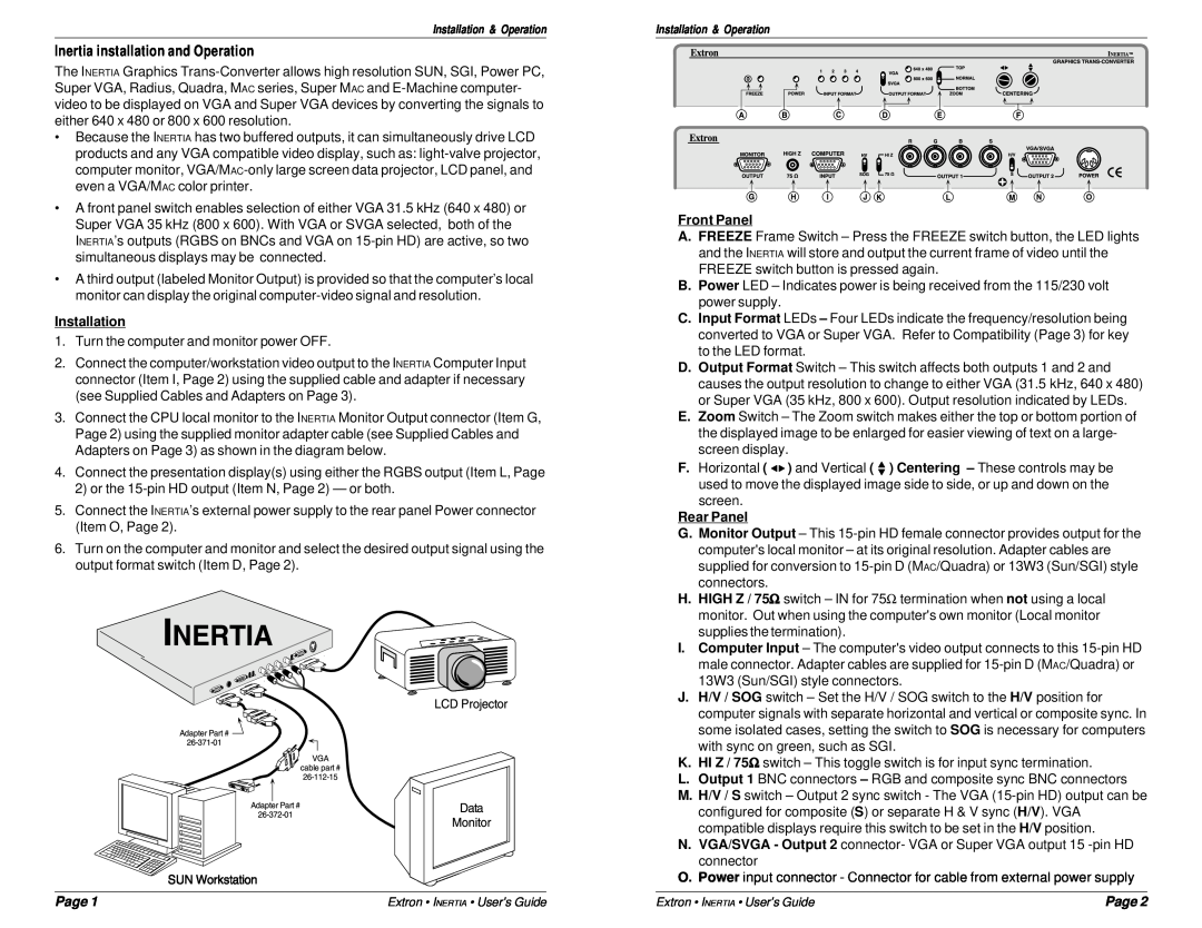 Extron electronic 60-161-01 specifications Inertia installation and Operation, Installation, Front Panel, Rear Panel, Page 