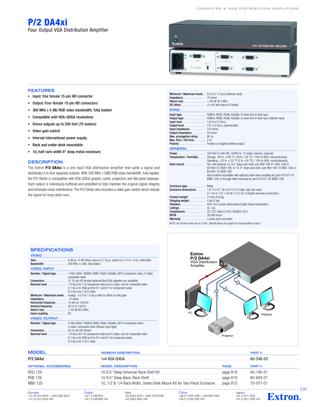 Extron electronic 246-03 specifications P/2 DA4xi, Four Output VGA Distribution Amplifier, Features, Description, Model 