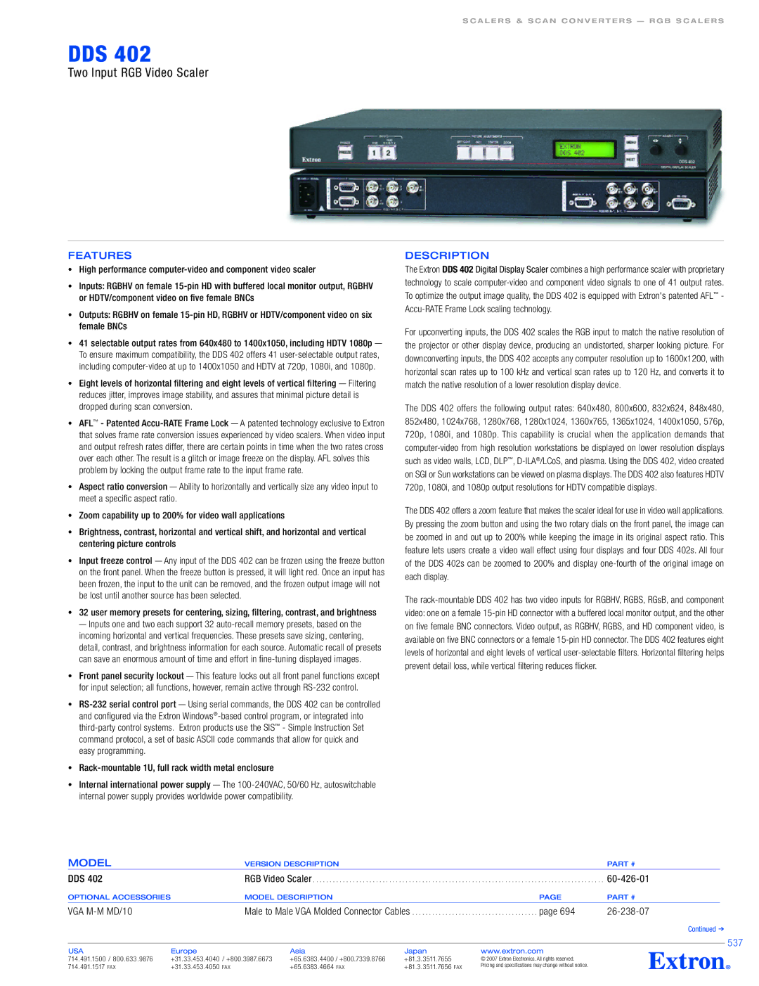 Extron electronic DDS 402, 60-426-01, 26-238-07 specifications Features, Model, 537 