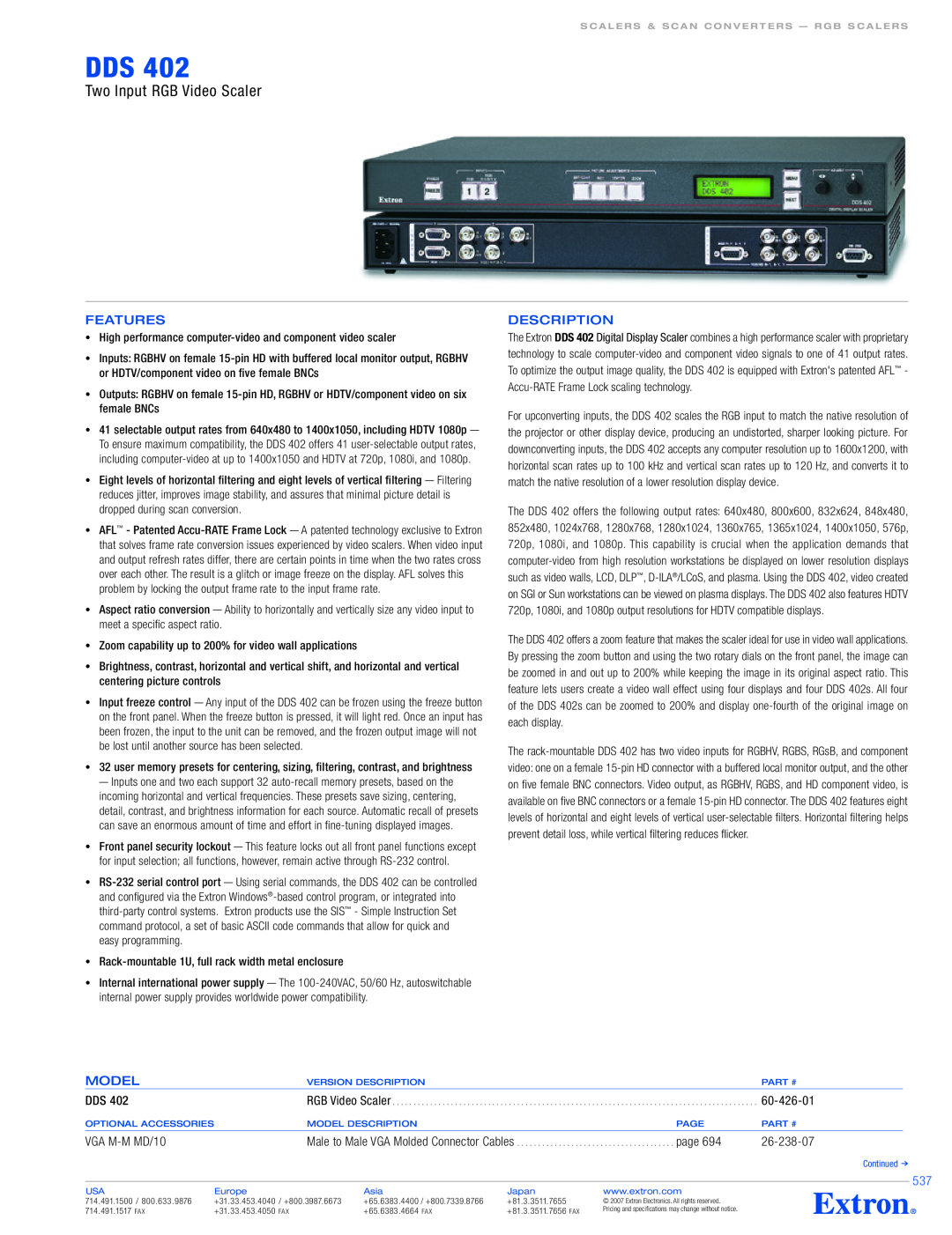 Extron electronic DDS 402 specifications Features, Description, Model, Two Input RGB Video Scaler, 60-426-01, page 