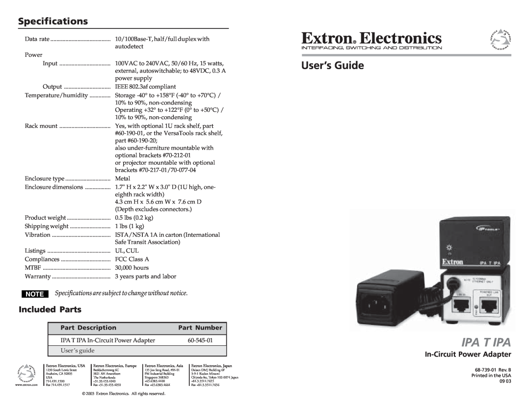 Extron electronic 60-545-01 specifications Specifications, Included Parts, In-Circuit Power Adapter, Part Description 