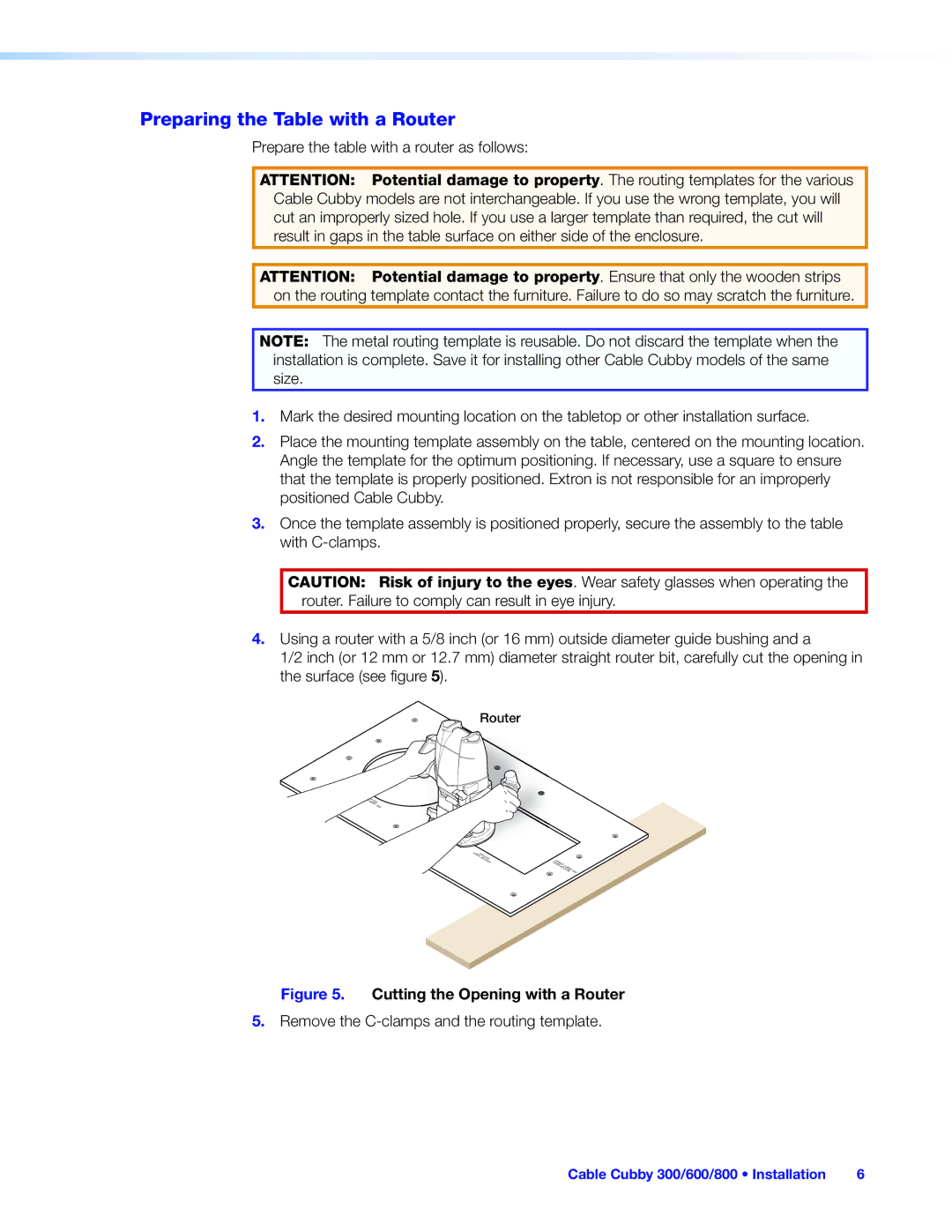 Extron electronic 300C, 600, 800, 300S manual Preparing the Table with a Router, Cutting the Opening with a Router 