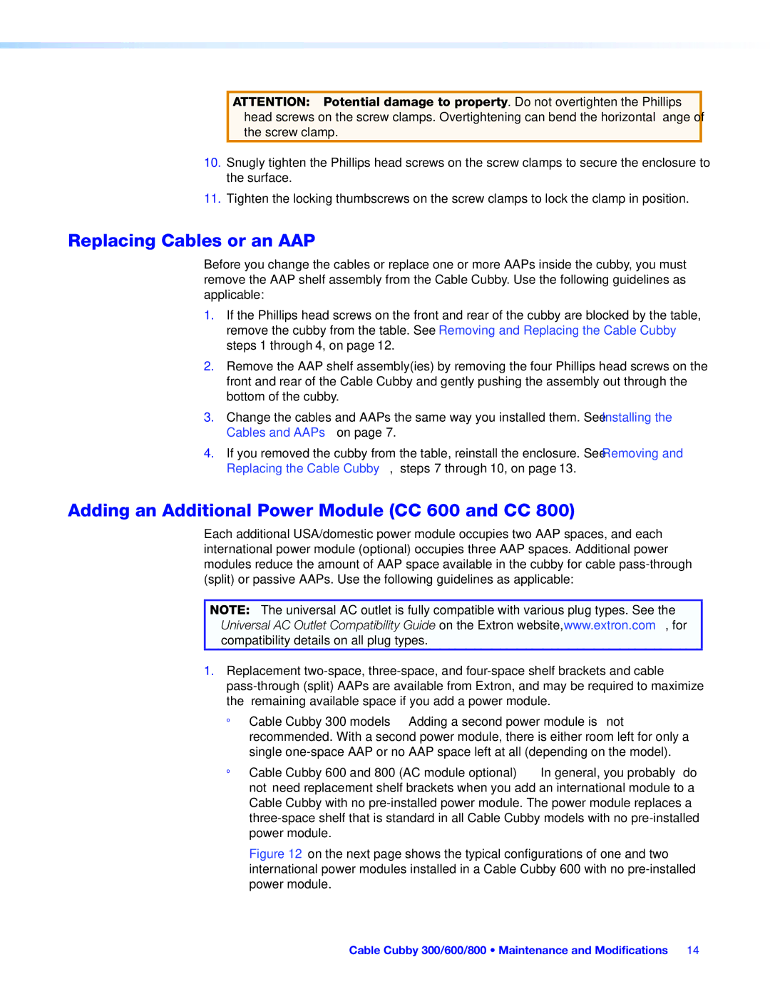 Extron electronic 300C, 800, 300S manual Replacing Cables or an AAP, Adding an Additional Power Module CC 600 and CC 
