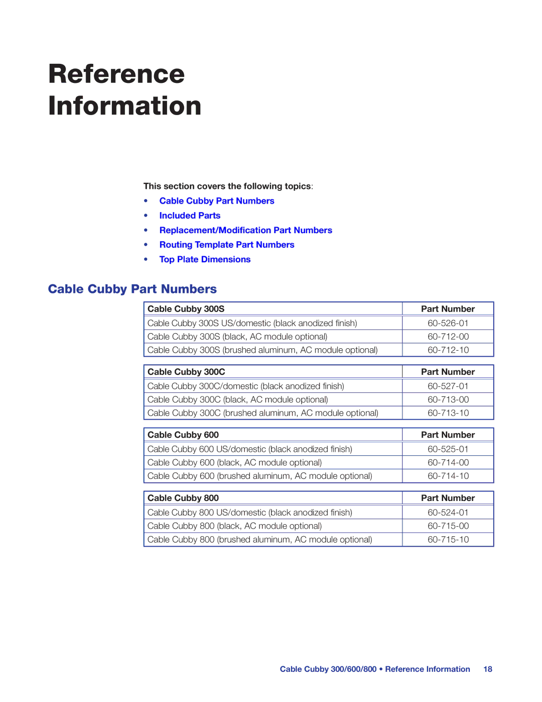 Extron electronic 300C, 600, 800, 300S manual Reference Information, Cable Cubby Part Numbers 