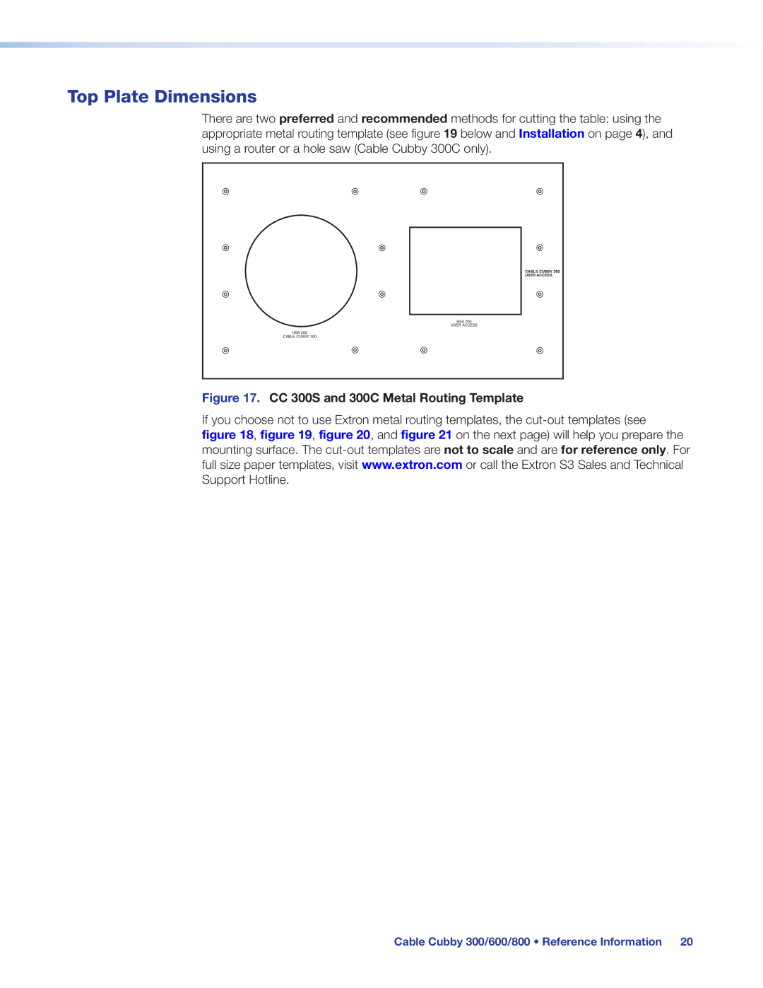 Extron electronic 800, 600 manual Top Plate Dimensions, CC 300S and 300C Metal Routing Template 