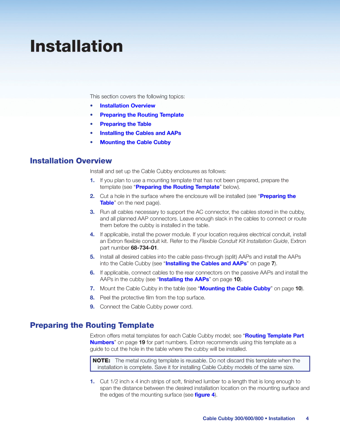 Extron electronic 800, 600, 300S, 300C manual Installation Overview, Preparing the Routing Template 