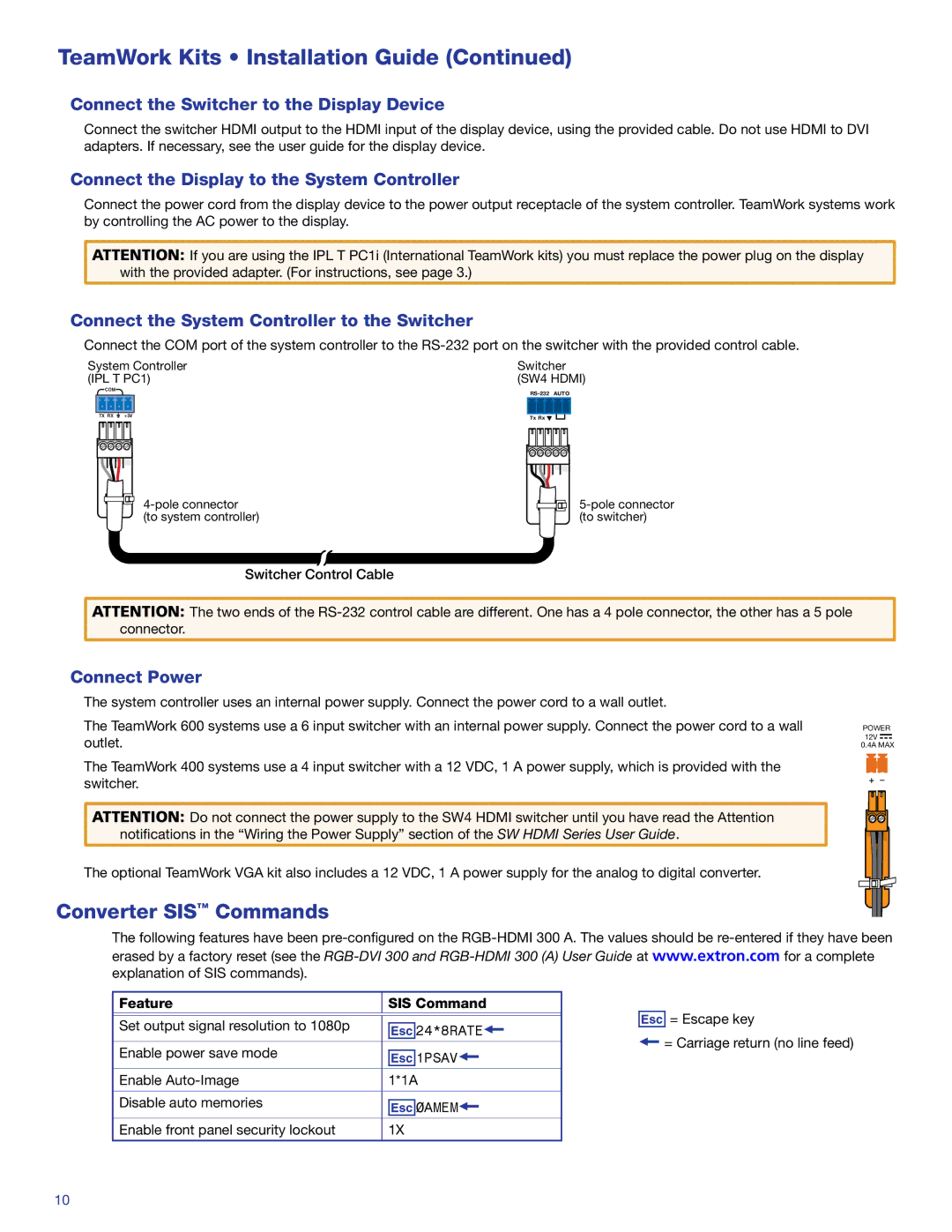 Extron electronic 600 manual Converter SIS Commands, Connect the Switcher to the Display Device, Connect Power 