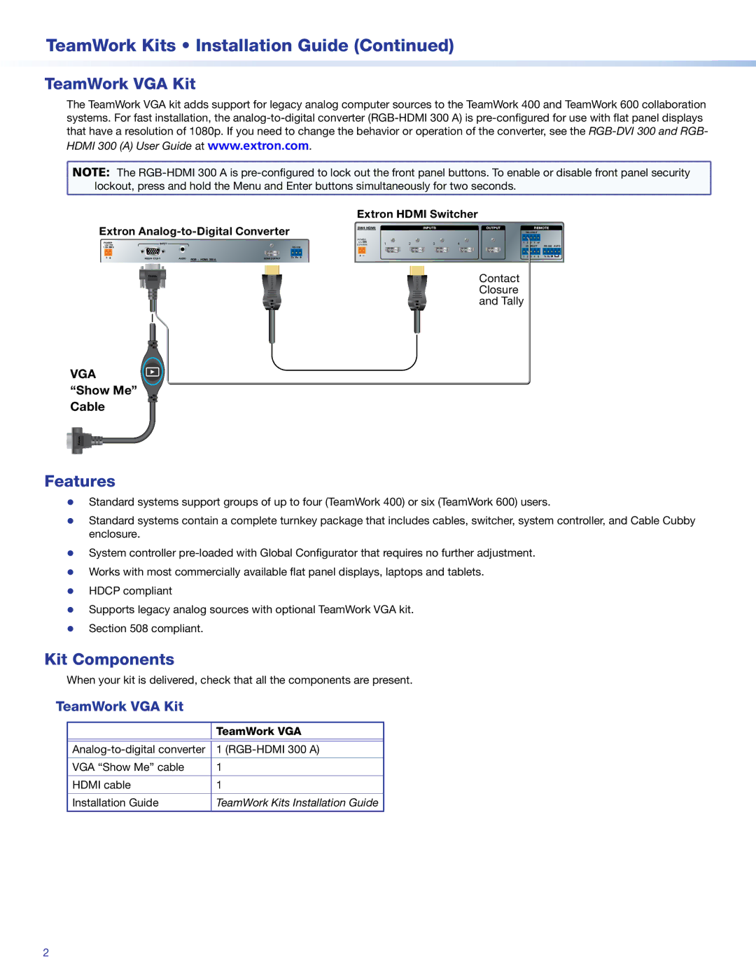 Extron electronic 600 manual TeamWork VGA Kit, Features, Kit Components 