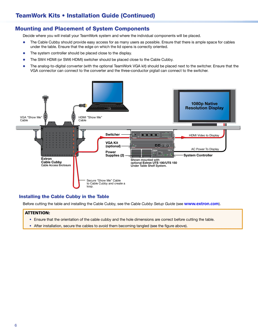 Extron electronic 600 manual Mounting and Placement of System Components, Installing the Cable Cubby in the Table 