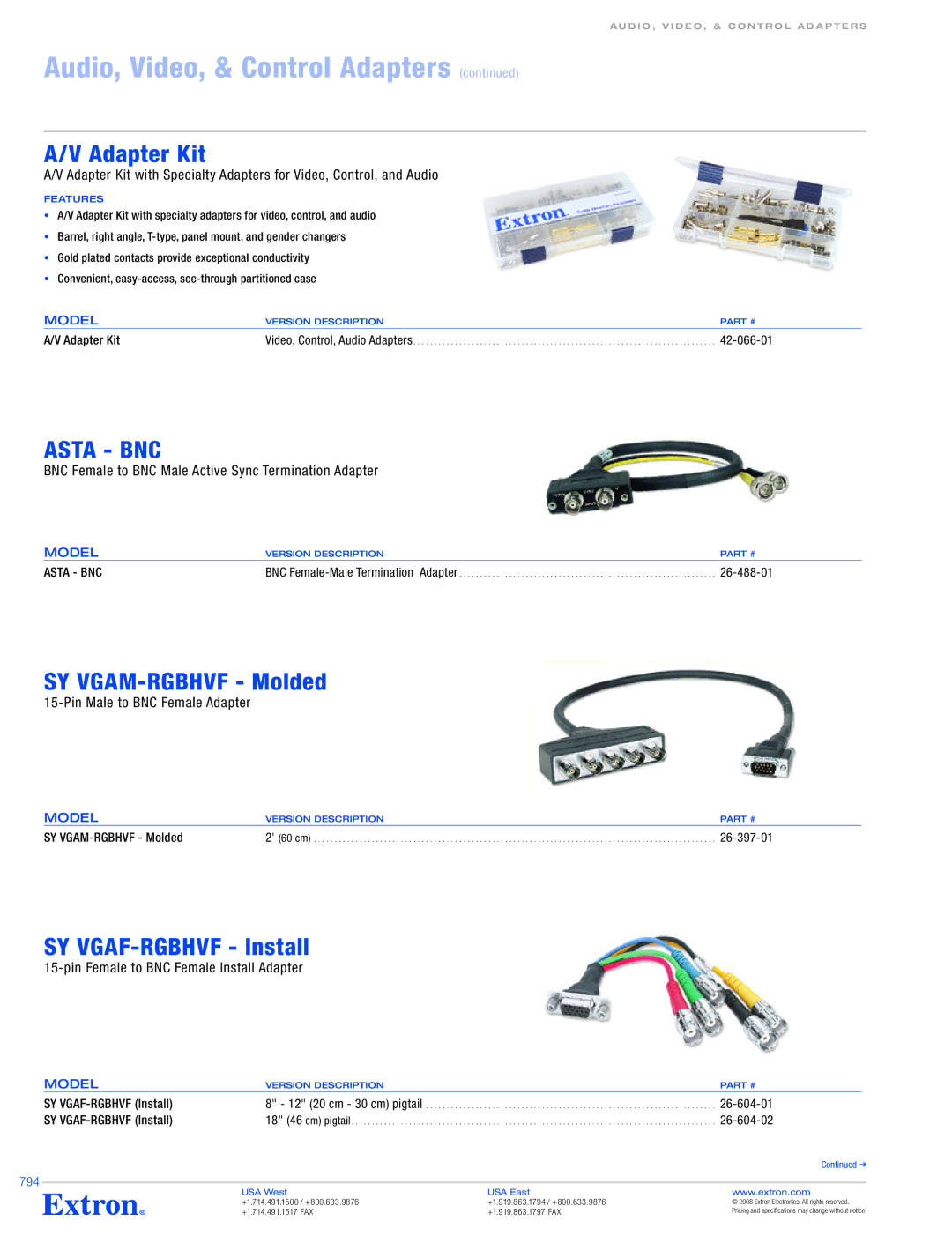 Extron electronic 604-01 specifications Audio, Video, & Control Adapters, Adapter Kit, Asta BNC, SY VGAM-RGBHVF Molded 