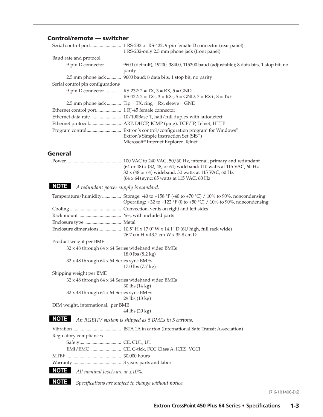 Extron electronic 64 Plus Series specifications Control/remote switcher, General, Redundant power supply is standard 