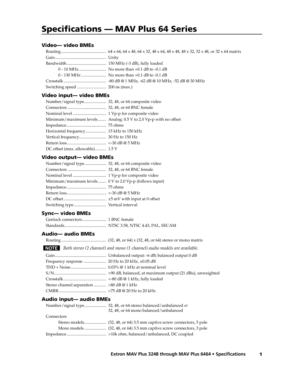 Extron electronic 64 Series specifications Video- video BMEs, Video input- video BMEs, Video output- video BMEs 