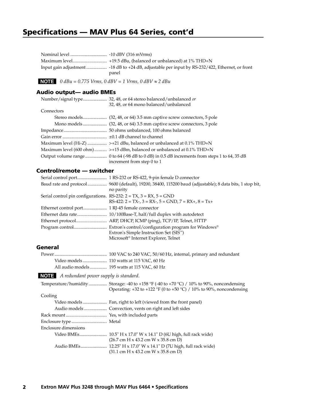 Extron electronic 64 Series specifications Audio output- audio BMEs, Control/remote switcher, General 