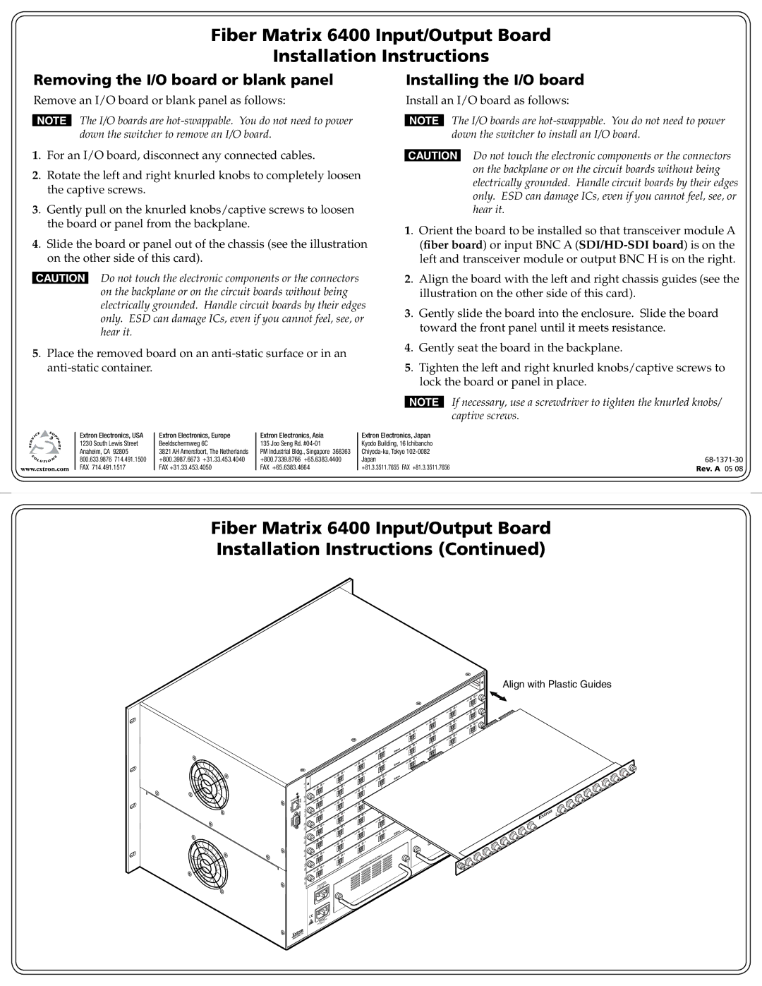 Extron electronic 6400 installation instructions Removing the I/O board or blank panel, Installing the I/O board 