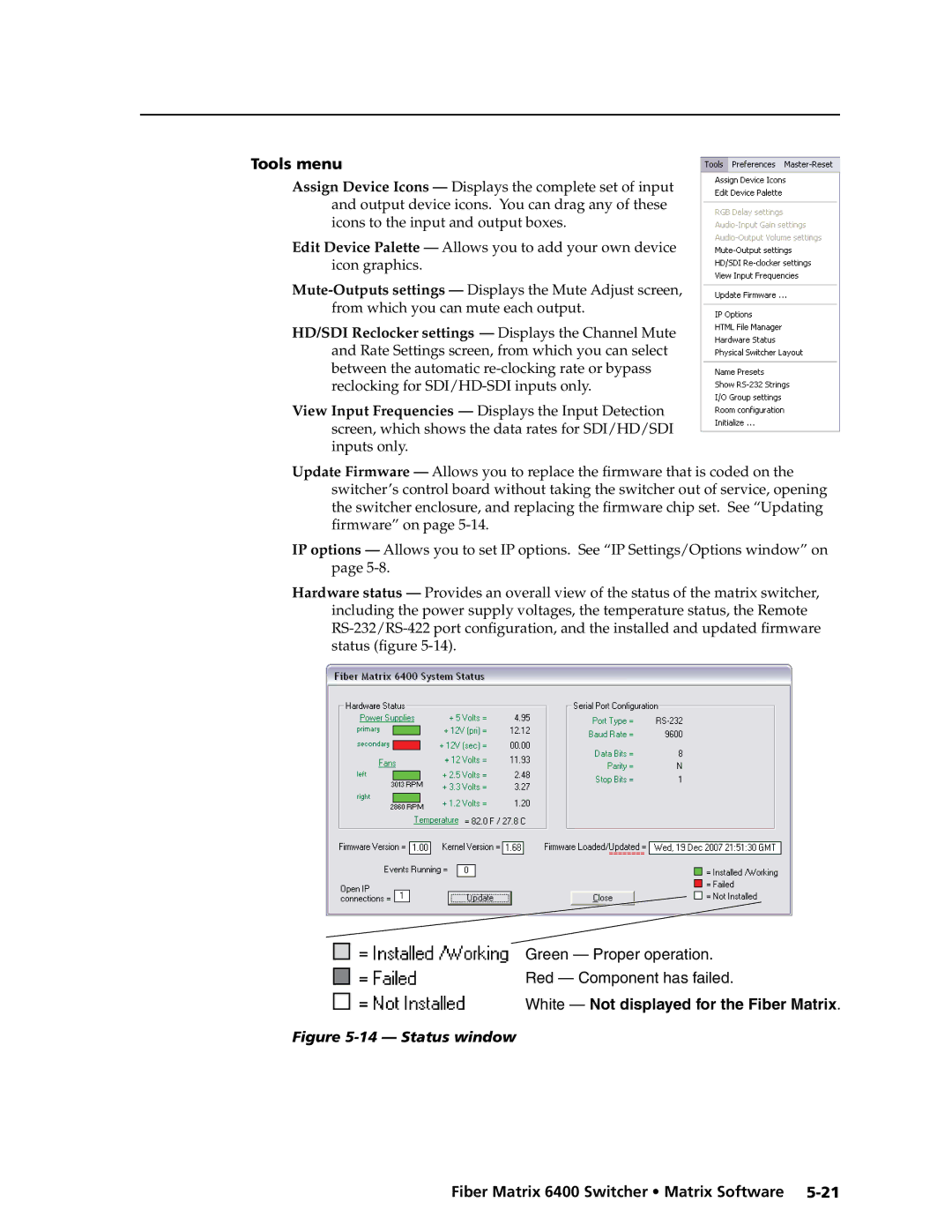 Extron electronic 6400s manual Tools menu, Status window 