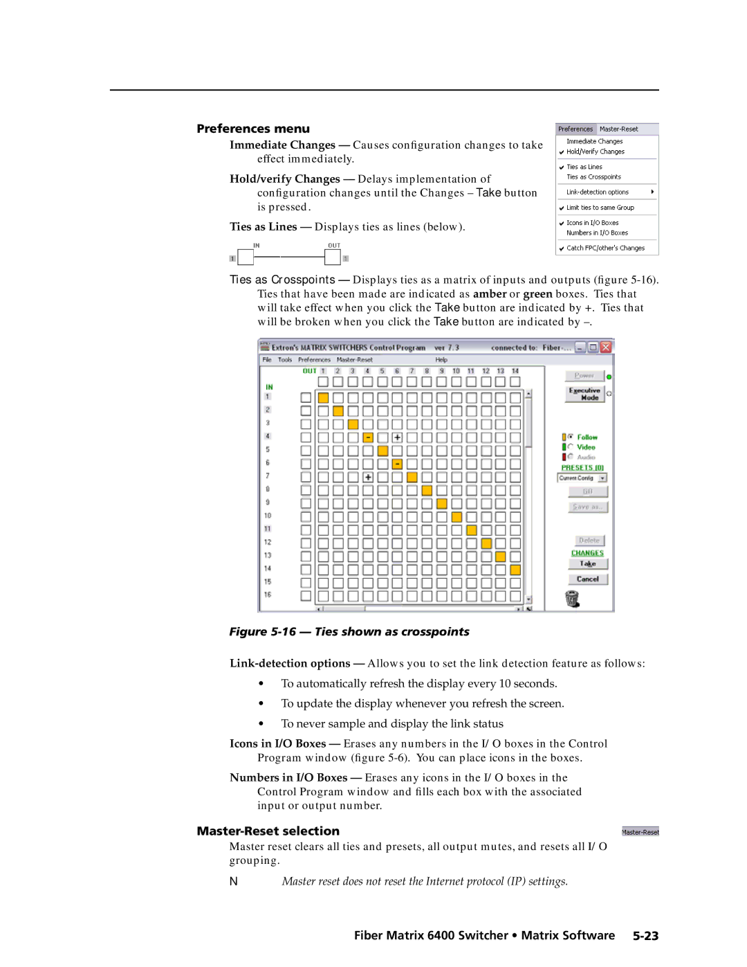 Extron electronic 6400s manual Preferences menu, Master-Reset selection 