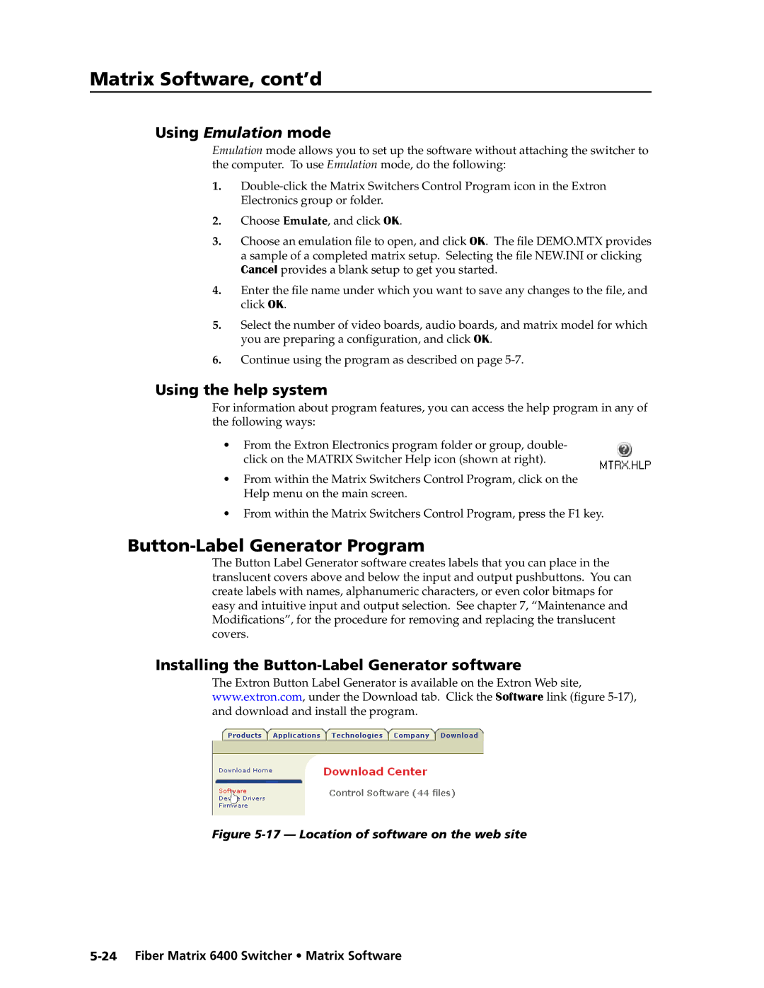 Extron electronic 6400s manual Button-Label Generator Program, Using Emulation mode, Using the help system 