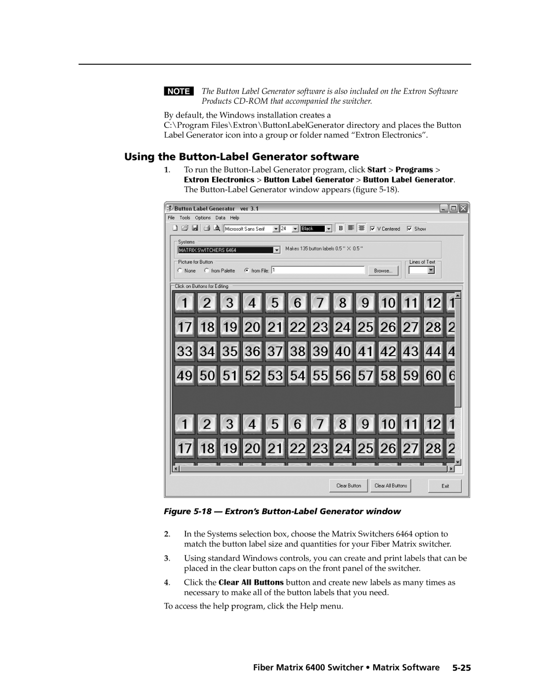 Extron electronic 6400s manual Using the Button-Label Generator software, Extron’s Button-Label Generator window 