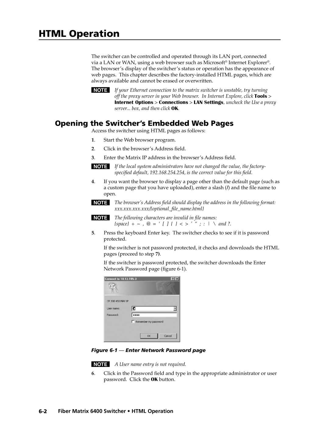 Extron electronic 6400s manual Opening the Switcher’s Embedded Web Pages, Fiber Matrix 6400 Switcher Html Operation 