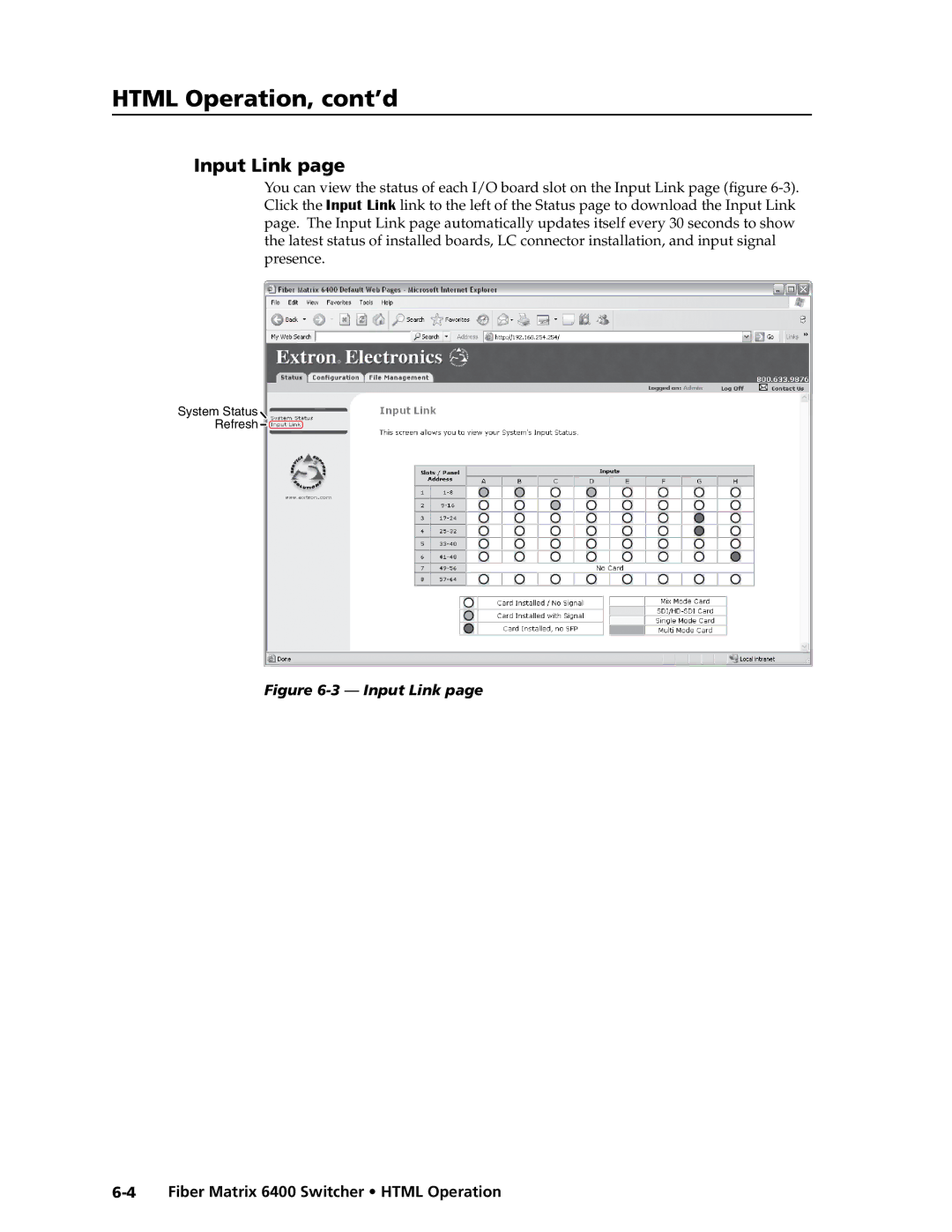 Extron electronic 6400s manual Html Operation, cont’d, Input Link 