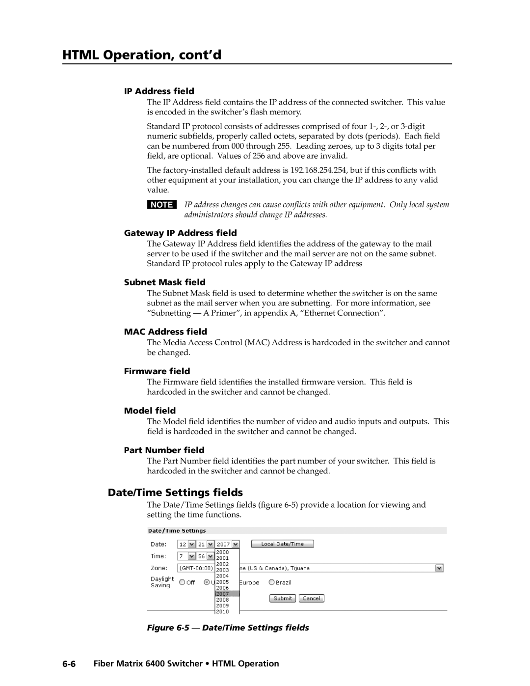 Extron electronic 6400s manual Date/Time Settings fields 