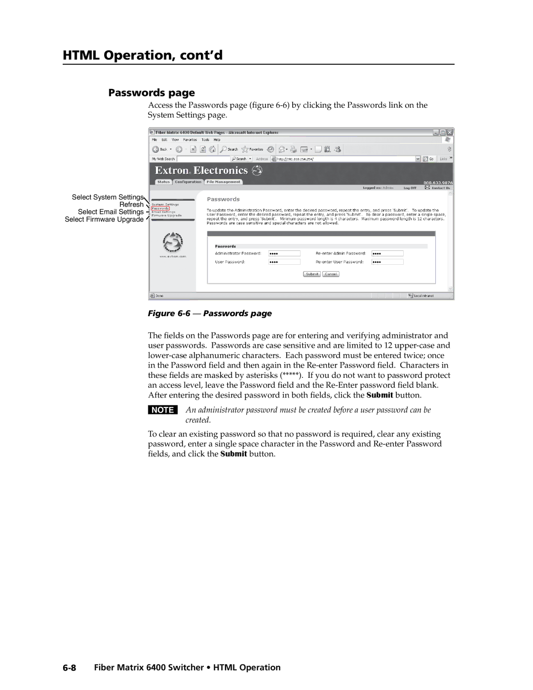 Extron electronic 6400s manual Passwords 