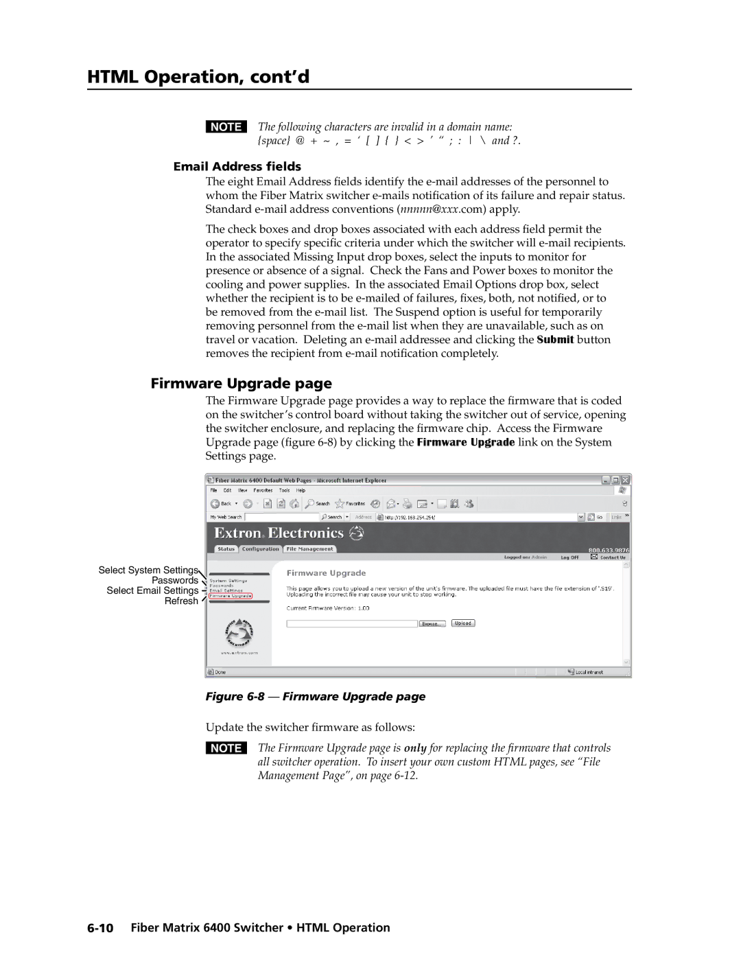 Extron electronic 6400s manual Firmware Upgrade, Email Address fields 