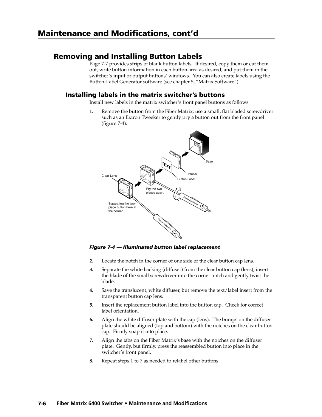 Extron electronic 6400s manual Removing and Installing Button Labels, Installing labels in the matrix switcher’s buttons 