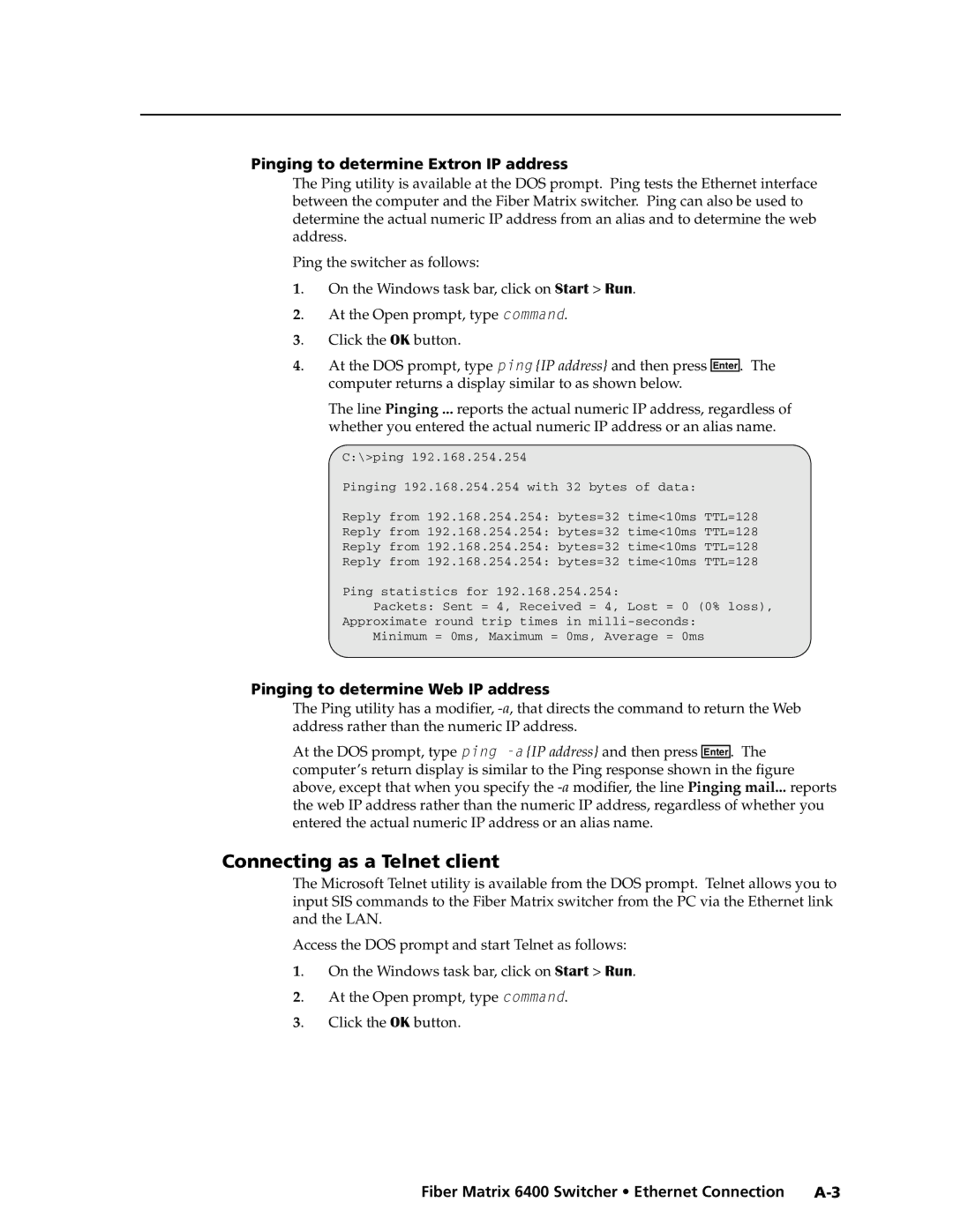 Extron electronic 6400s manual Connecting as a Telnet client, Pinging to determine Extron IP address 