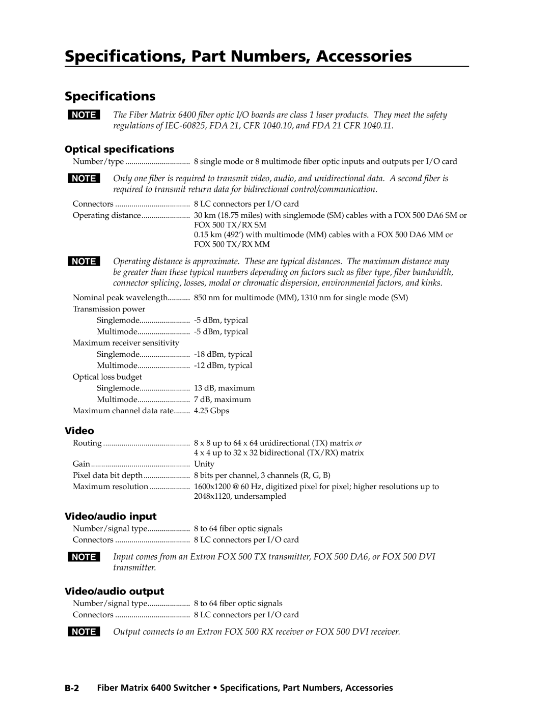 Extron electronic 6400s manual Specifications, Part Numbers, Accessories 