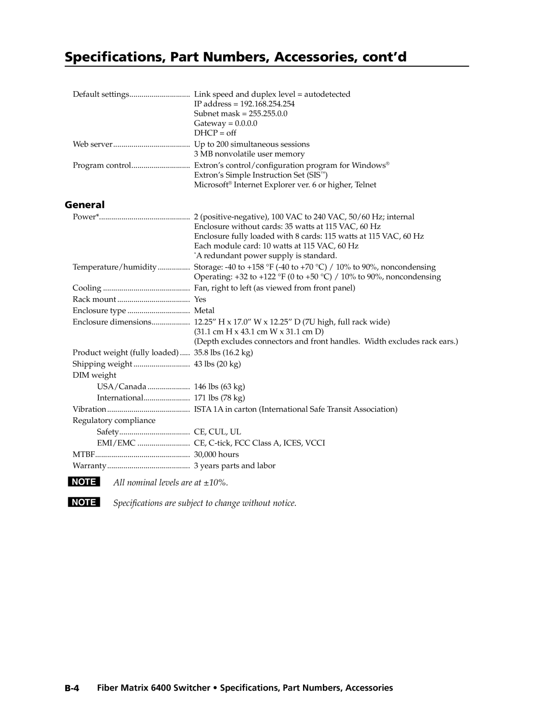 Extron electronic 6400s manual Specifications, Part Numbers, Accessories, cont’d 