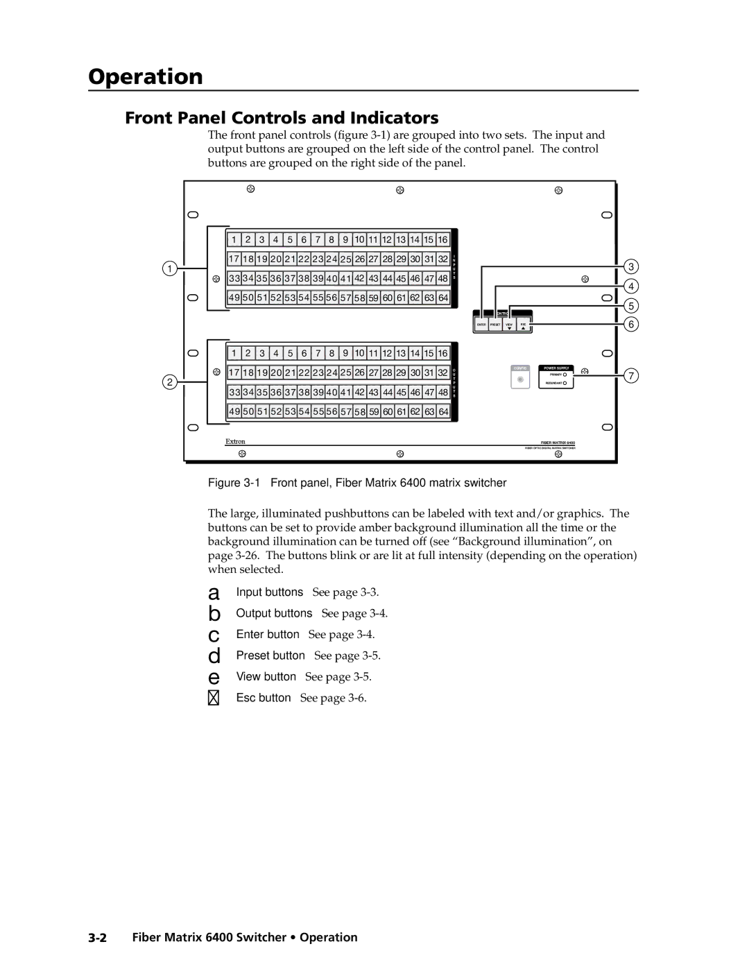 Extron electronic 6400s manual Front Panel Controls and Indicators, Fiber Matrix 6400 Switcher Operation 