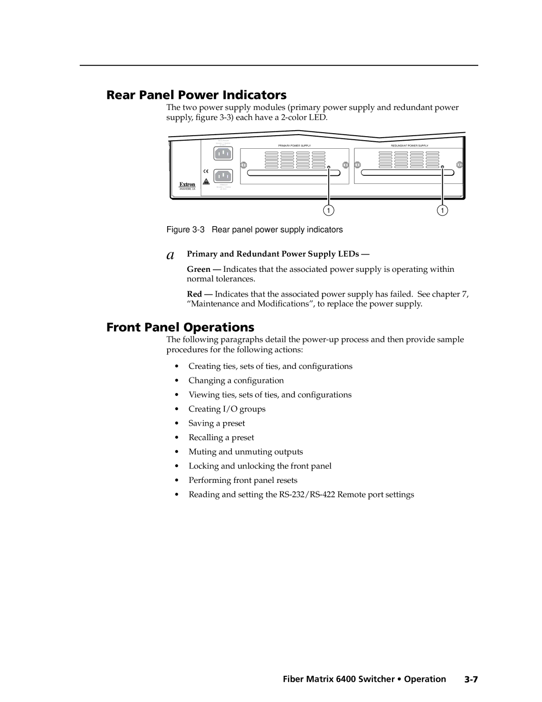 Extron electronic 6400s manual Rear Panel Power Indicators, Front Panel Operations 