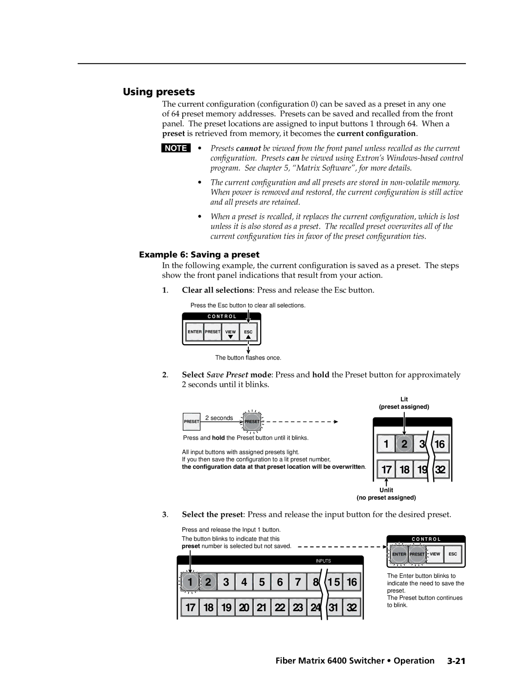 Extron electronic 6400s manual Using presets, Example 6 Saving a preset 