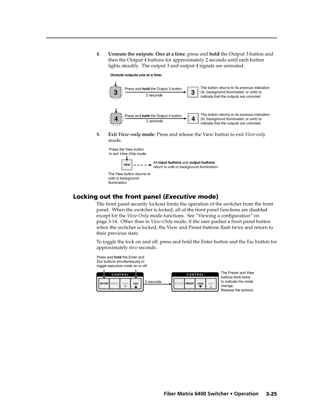 Extron electronic 6400s manual Locking out the front panel Executive mode, Unmute outputs one at a time 