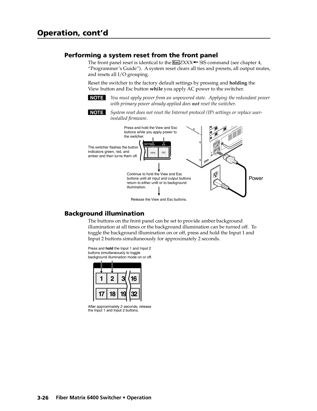 Extron electronic 6400s manual Performing a system reset from the front panel, Background illumination 