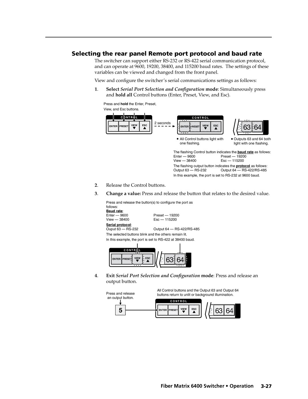 Extron electronic 6400s manual Selecting the rear panel Remote port protocol and baud rate, Serial protocol 