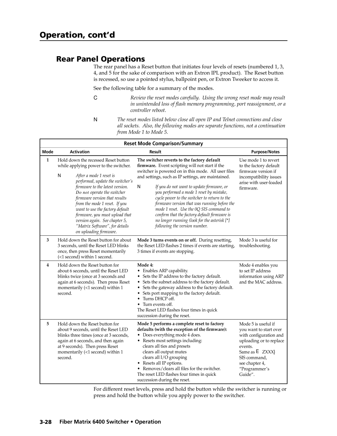 Extron electronic 6400s manual Rear Panel Operations, Reset Mode Comparison/Summary 