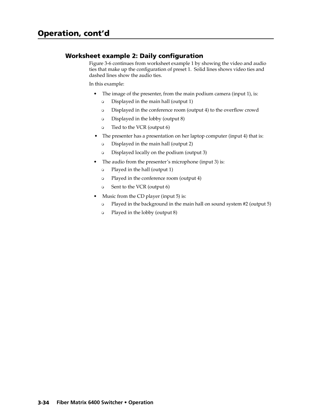 Extron electronic 6400s manual Worksheet example 2 Daily configuration, Audio from the presenter’s microphone input 3 is 