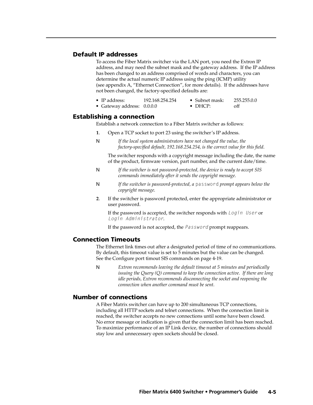 Extron electronic 6400s manual Default IP addresses, Establishing a connection, Connection Timeouts, Number of connections 