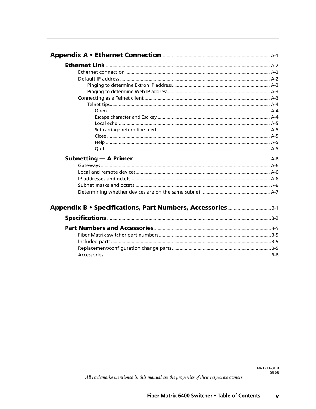 Extron electronic 6400s Appendix B Specifications, Part Numbers, Accessories, Fiber Matrix 6400 Switcher Table of Contents 